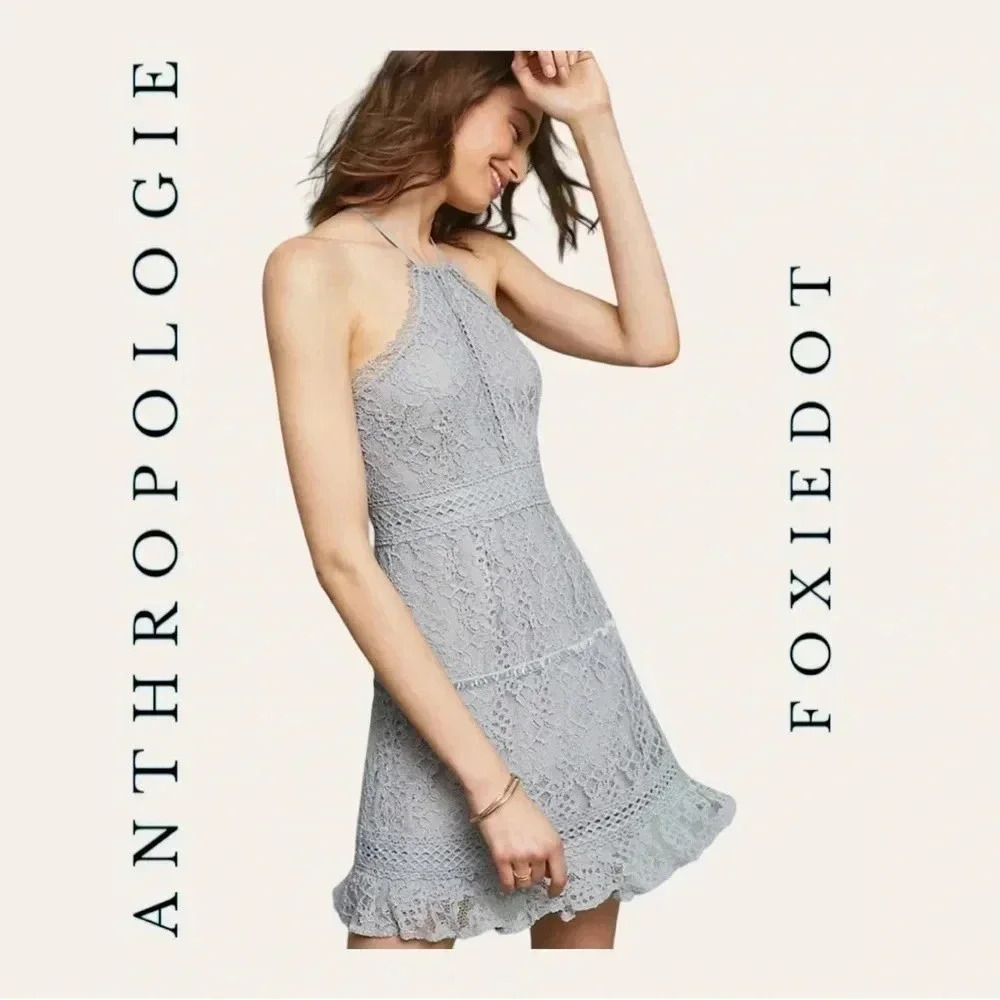 1121. ANTHROPOLOGIE FOXIEDOT OCALA HALTER DRESS SIZE XSMALL BLUE/GRAY IN COLOR